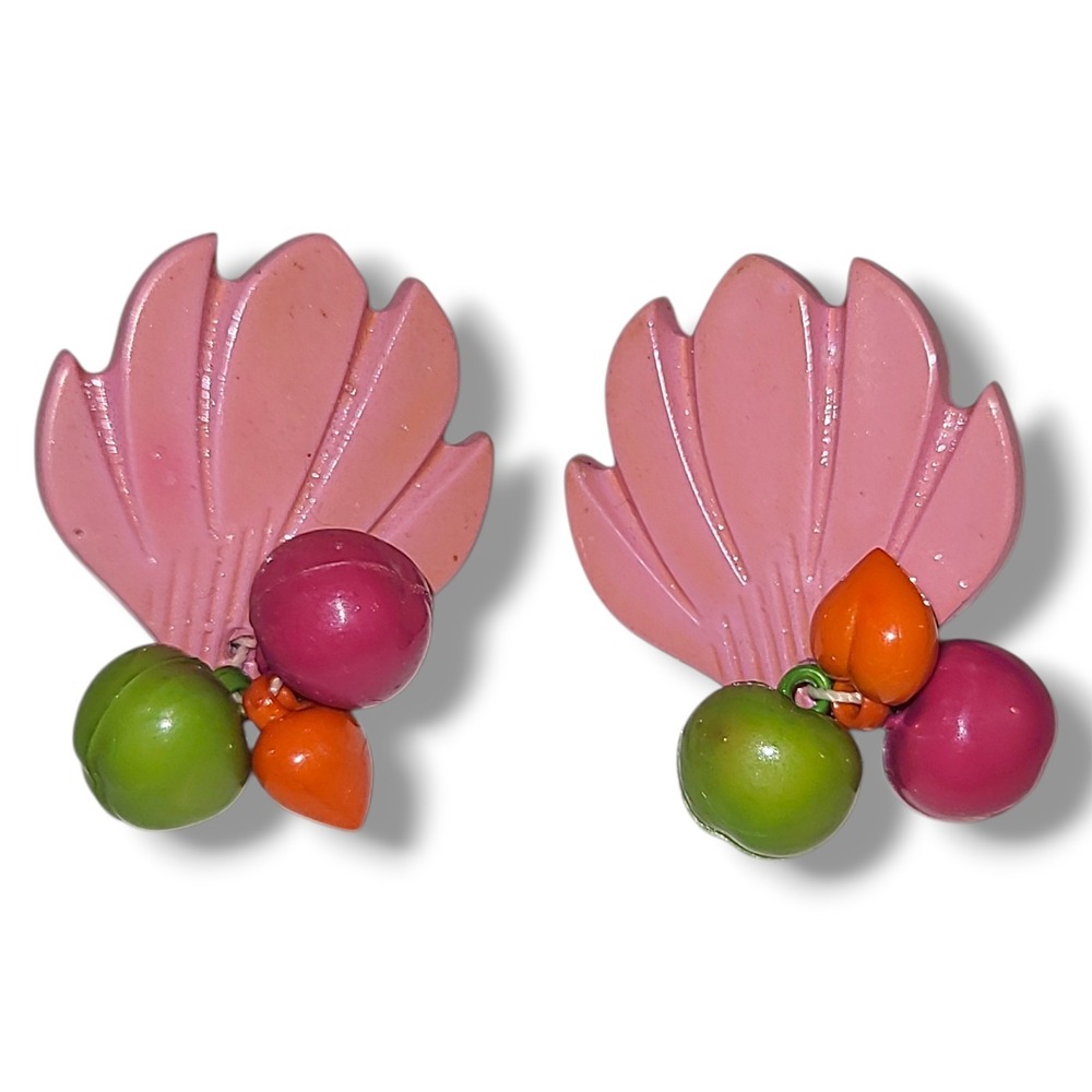 Vintage‎ 80s Fruit Salad Earrings Pink Acrylic Cherries Retro Cute Colorful